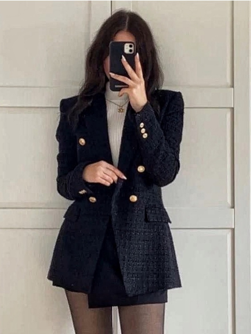ZARA Tweed Textured Weave Double Breasted  Blazer Black Gold Buttons Size Small